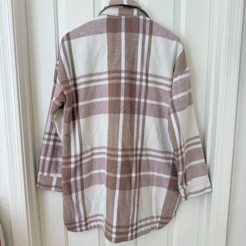Banana Republic Tan Cream Plaid Oversized Flannel Shirt Jacket Shacket Mens M - Picture 3 of 11